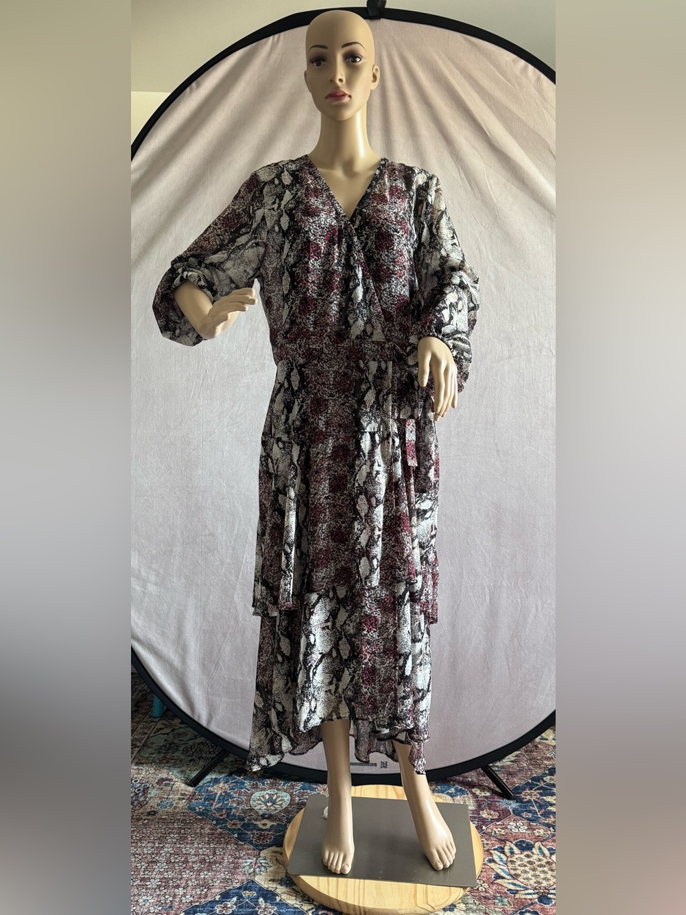 Express Printed Tiered Maxi Dress - Black, White & Burgundy